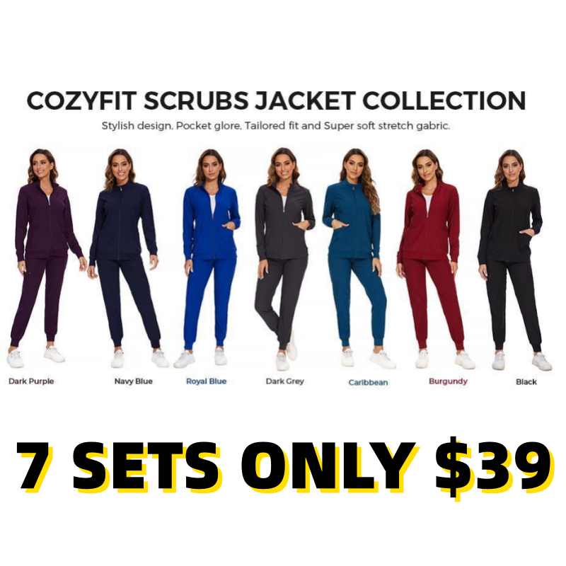COZYFIT Scrubs for Women Set and Jackets - Stretch V-Neck Scrub Top & Jogger Pant, Zip Front Nurse Jacket SpringStatements
