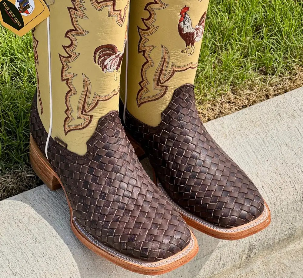 Mens Brown Basket Woven Boots With Cream Shaft