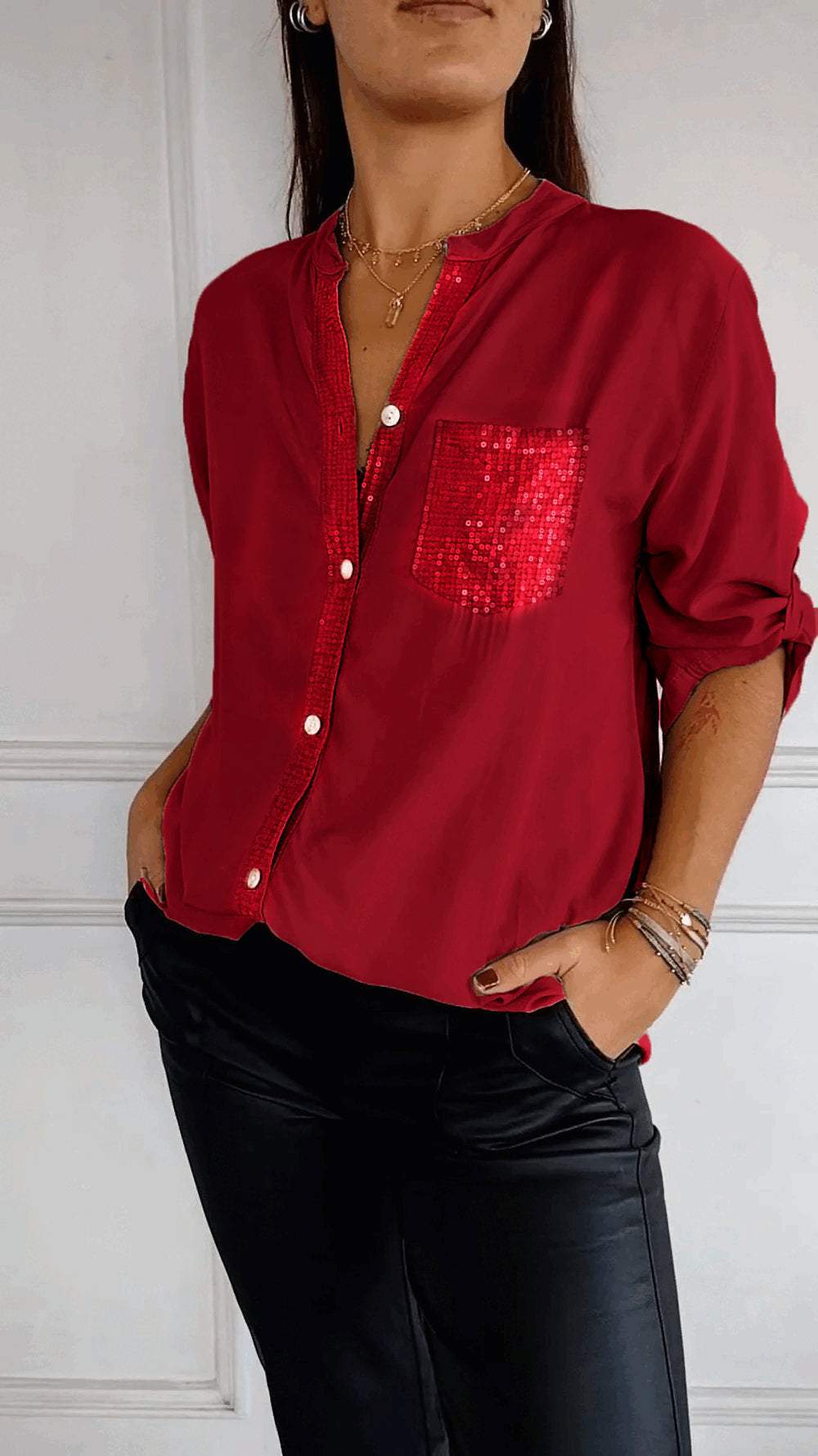 Women Cotton V-neck Sequin Mid-sleeve Casual Top