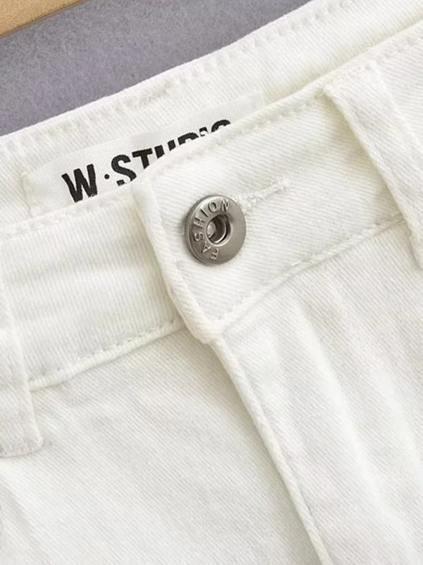 High-Waist Elastic Slim-Fit Distressed Edge A-Line Denim Mini Skirt