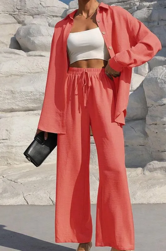 Women's Solid Button Front Shirt & Tie Front Wide Leg Pants (Under $3 a set!)