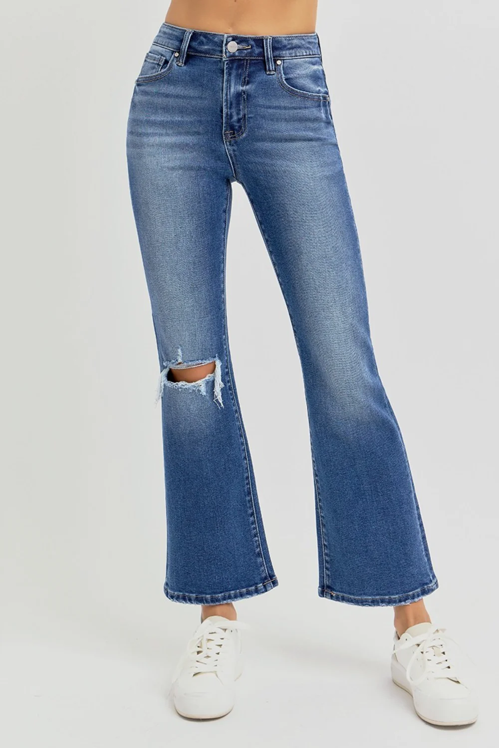 Full Size Distressed High Rise Crop Flare Jeans