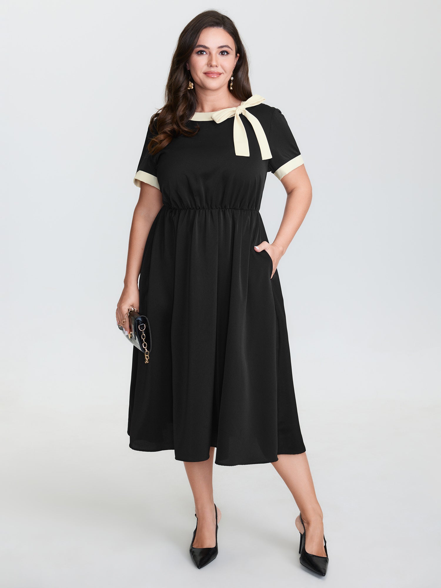 Bow Neckline Stretchy Waist Midi Dress