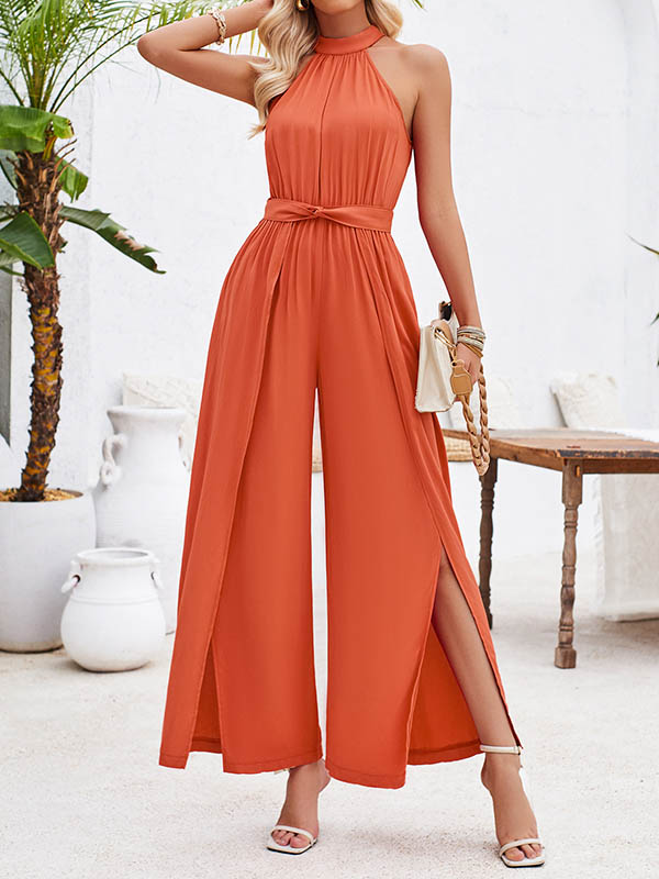 Pleated Solid Color Split-Front Tied Waist High Waisted Loose Halter-Neck Jumpsuits