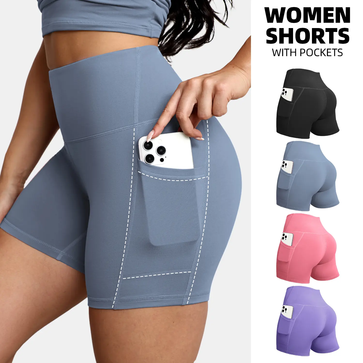 Women’s High-Waist Pocket Biker Shorts Set (4-Pack)