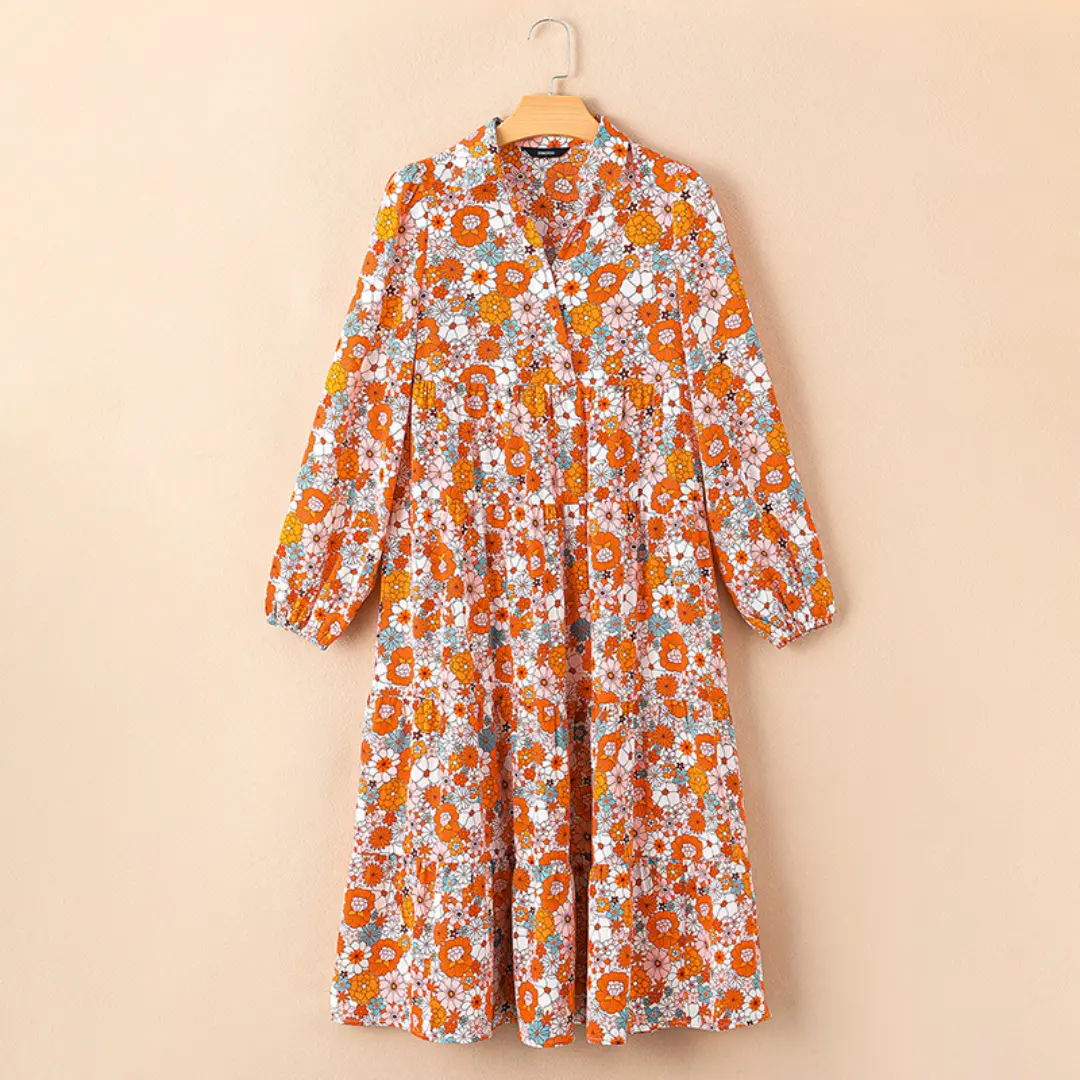 Women's Casual Bohemian Floral Dress 2026 V-Neck Long Puff Sleeve Midi Dress Soft Fabric Comfortable Summer Dress - Womenswear