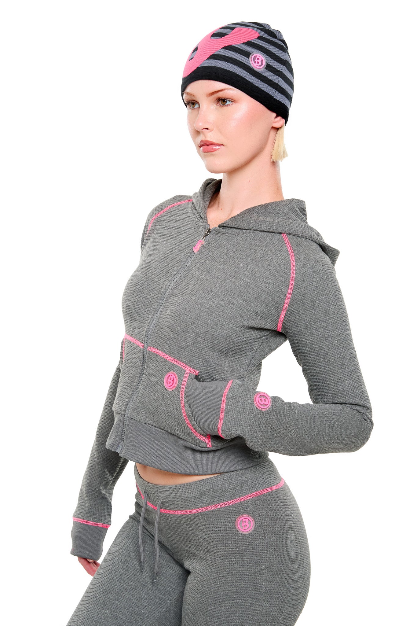 WAFFLE KNIT HOODIE (CHARCOAL/PINK)