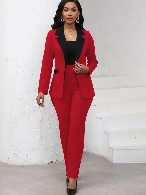 Women's Colorblock Blazer & Straight Leg Pants Set Suits