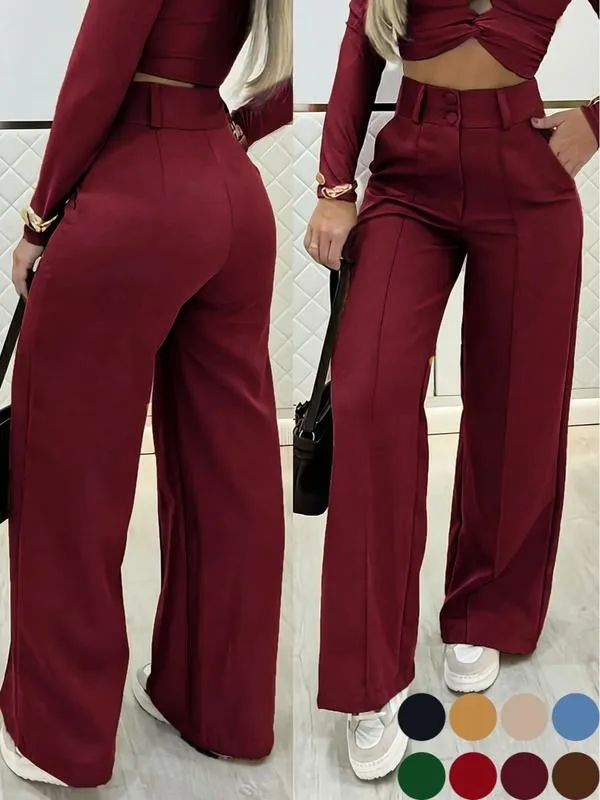 Women's Simple Wide-Leg Pants with Double Button Front