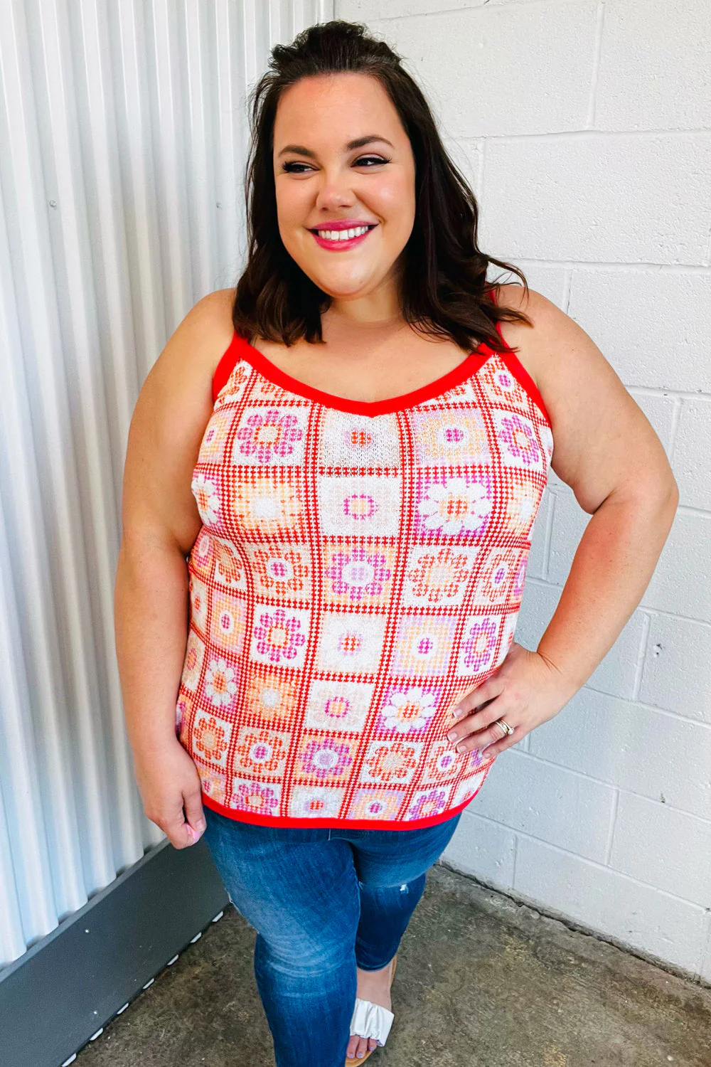 Retro In Bloom Coral Flower Power Waffle Knit Sleeveless Top