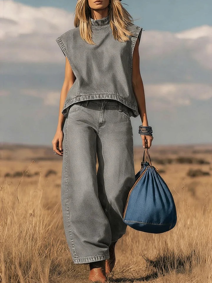 Women's Stand-collar Sleeveless Casual Loose Top And High-waisted Loose Wide-leg Denim Pants Set.