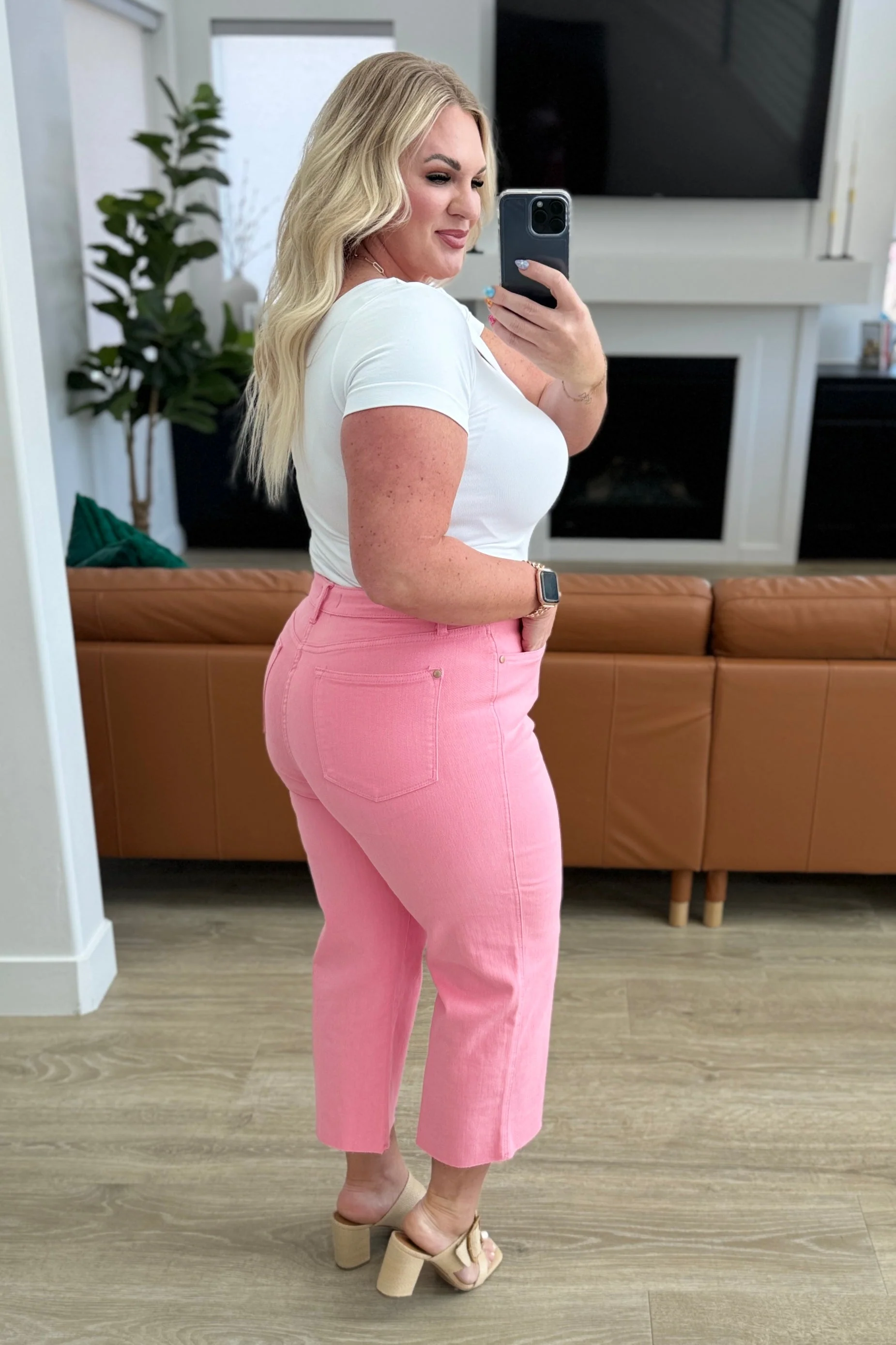 High Rise Control Top Wide Leg Crop Jeans in Pink