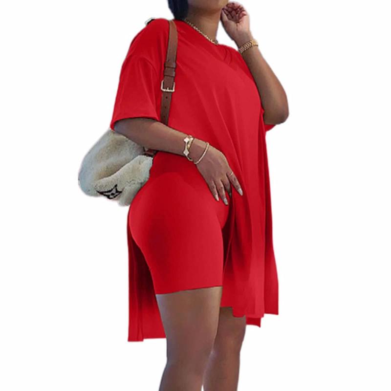 METAONLY Women Plus Size 2 Piece Outfits Short Sleeve Tunic Tops and Skinny Biker Shorts Sets Tracksuits Womenswear Bodycon Split Hem Lounge#springtok