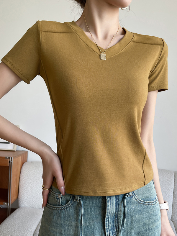 Solid Color Split-Joint Short Sleeves Skinny V-Neck T-Shirts