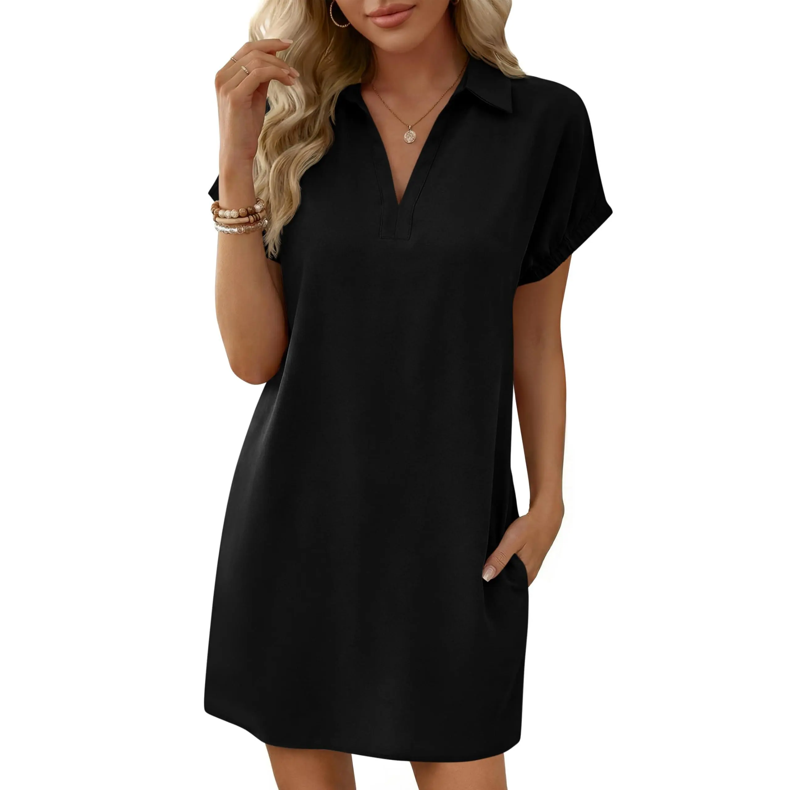Women’s V-Neck Pleated Shirt Dress – Casual Summer Essential