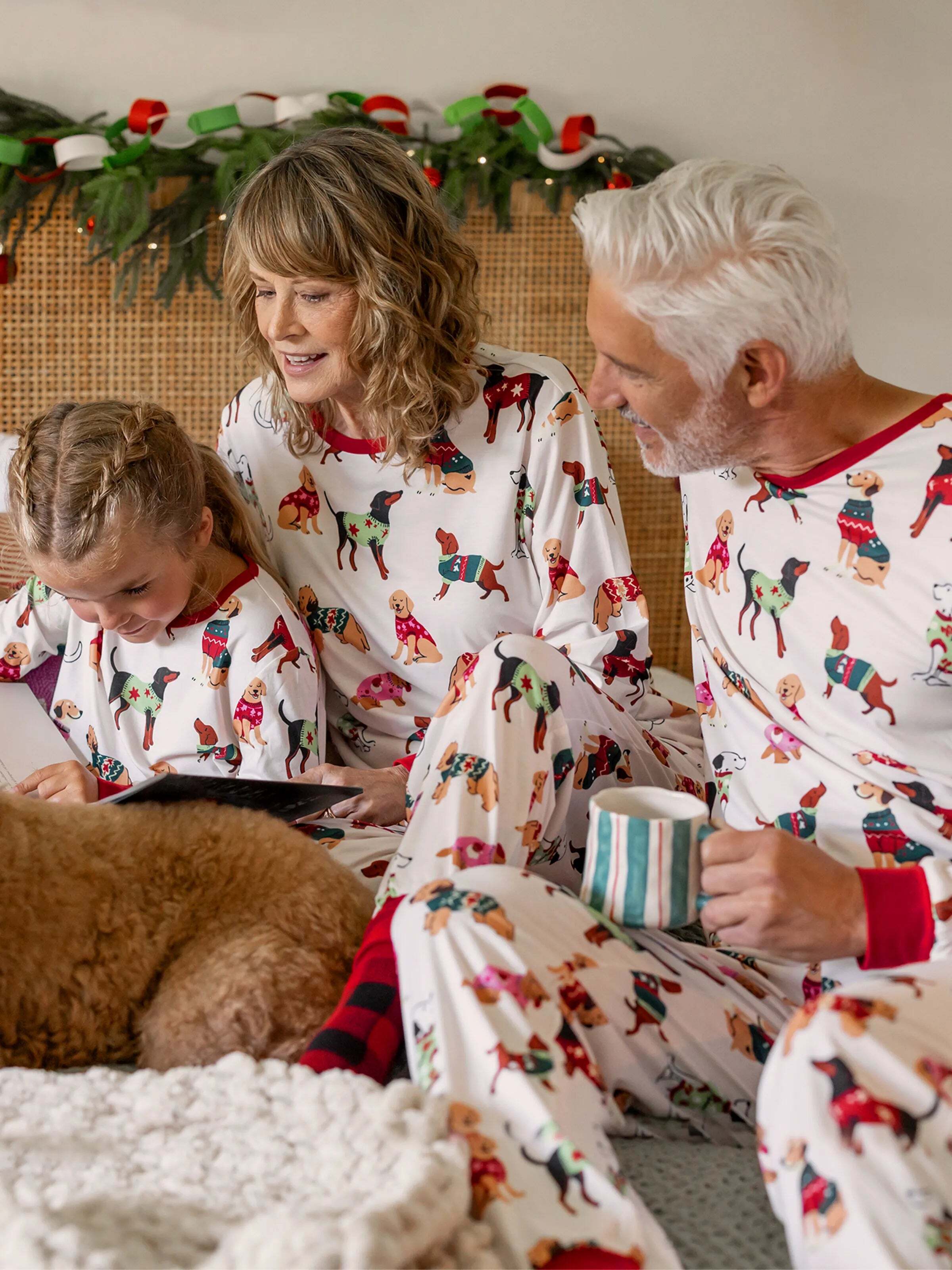 Christmas Matching Family Pajamas Set Various Dog Print PJS with Christmas Socks Apricot