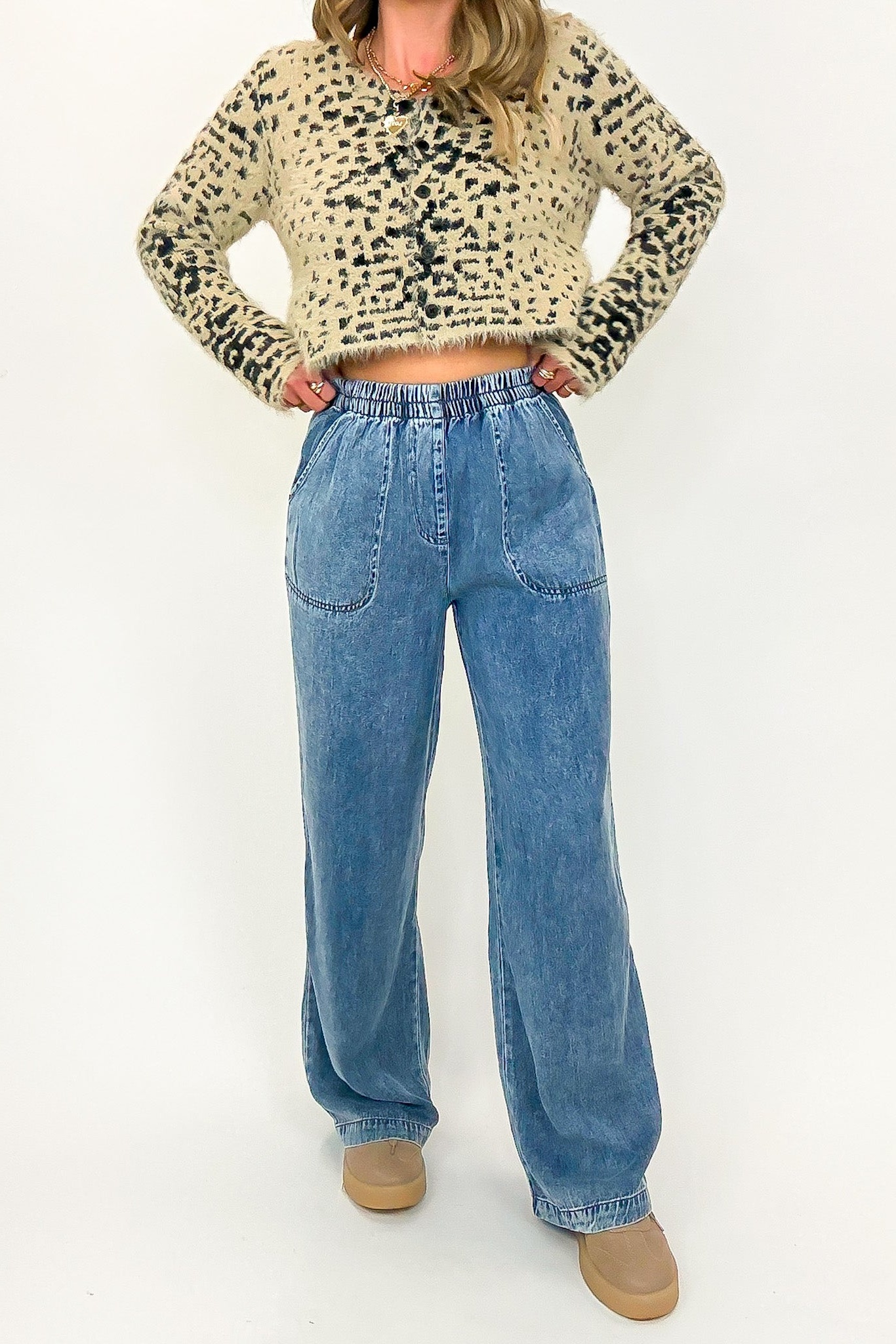 Blue Drift Washed Chambray Elastic Waist Wide Leg Pants