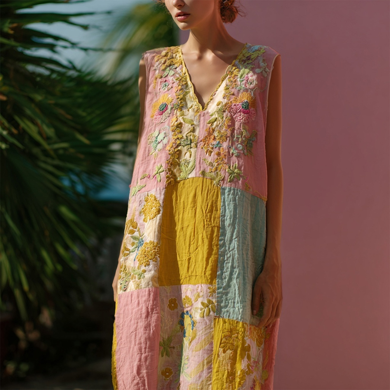 Vintage Boho Floral Patchwork Linen Tank Maxi Dress