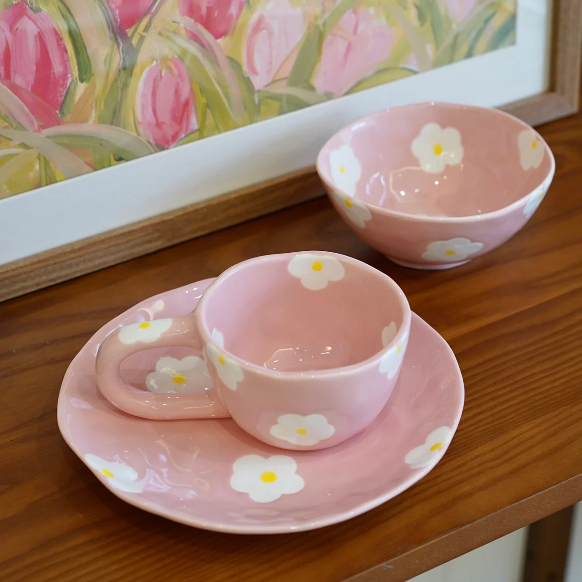 3PC Ceramic Painted Flower Plate, Bowl & Mug