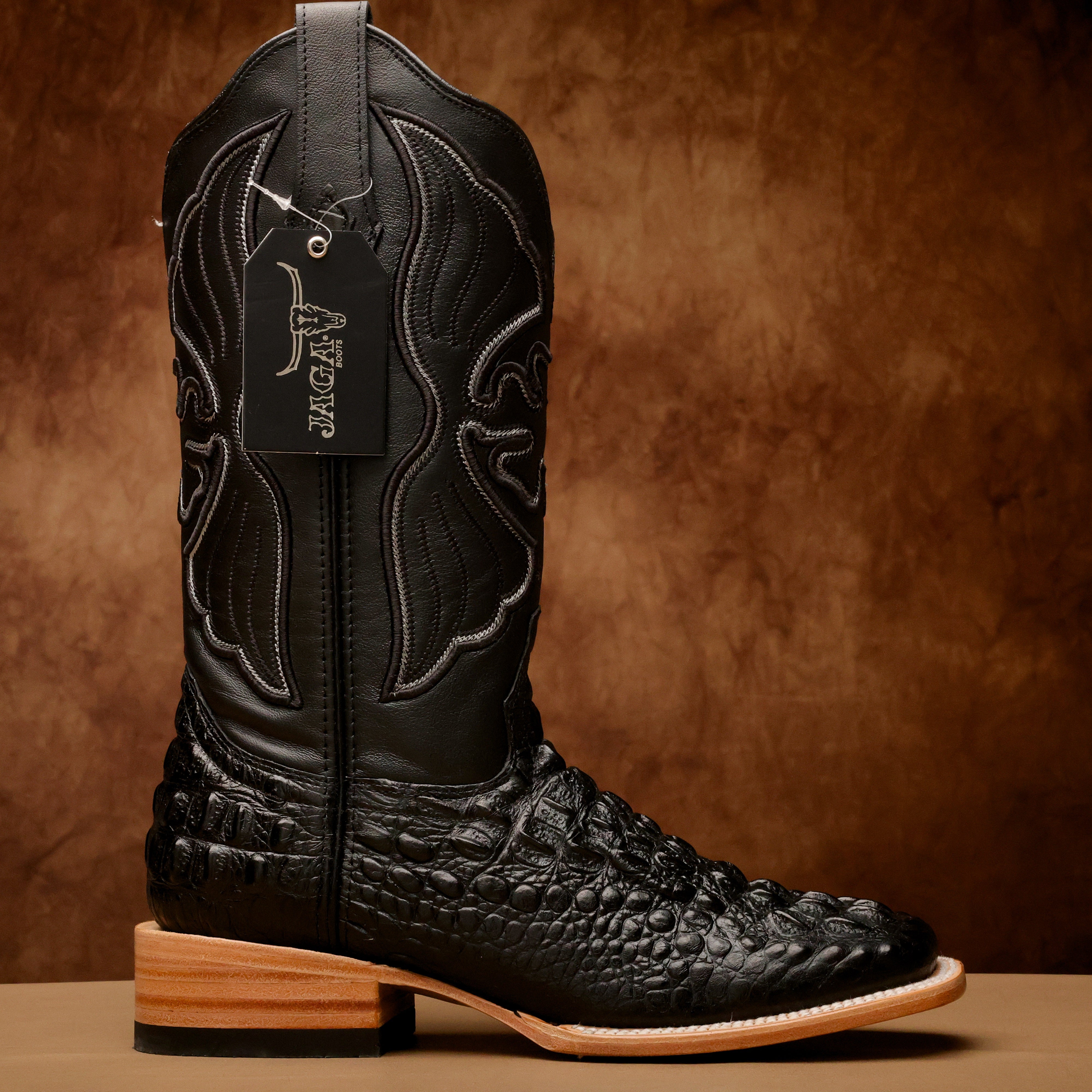 Black Caiman Neck Leather Boots - Square Toe