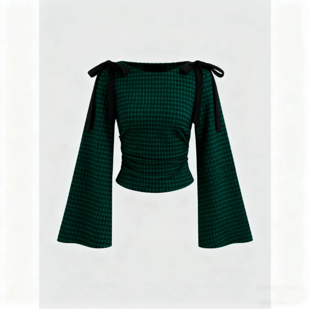 Gingham Bowknot Ruched Long Sleeve Top