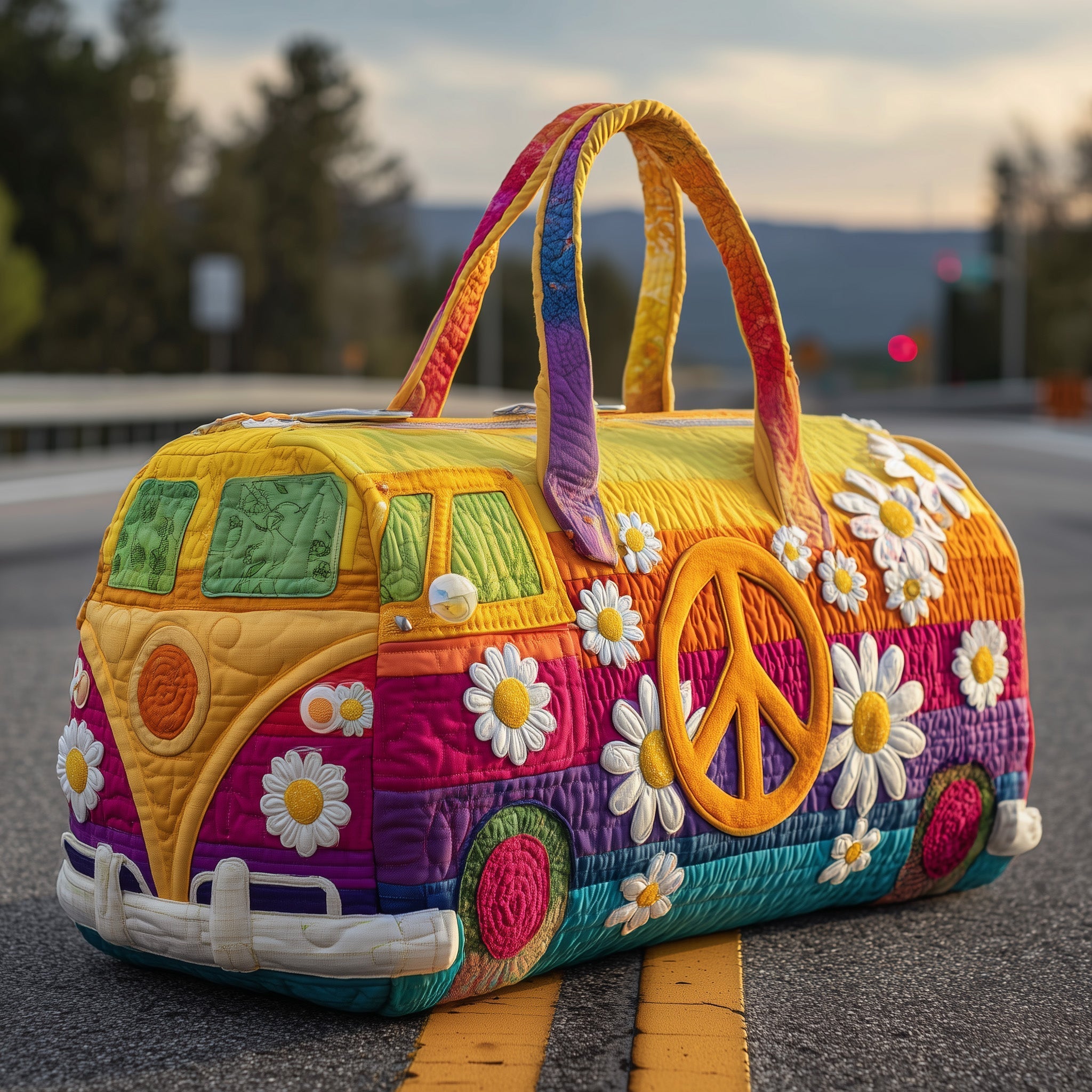 Hippie Journey Quilted Duffle Bag – Retro Boho Travel & Weekender Bag