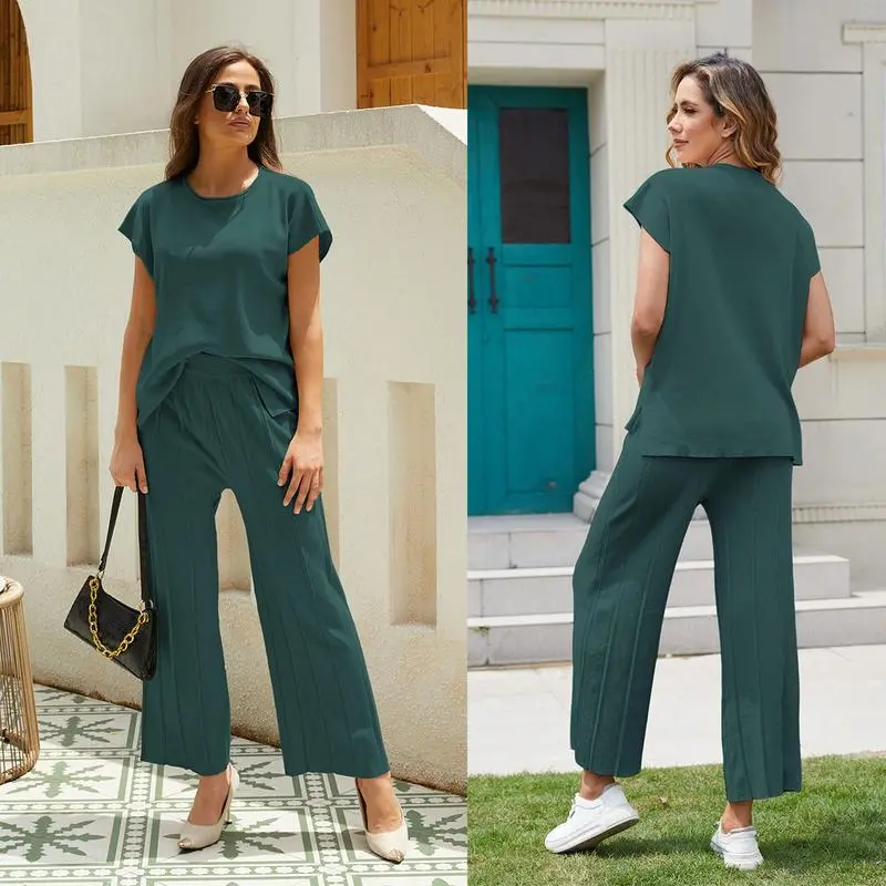 Women's Knit Pullover Tops High Waisted Pants Set