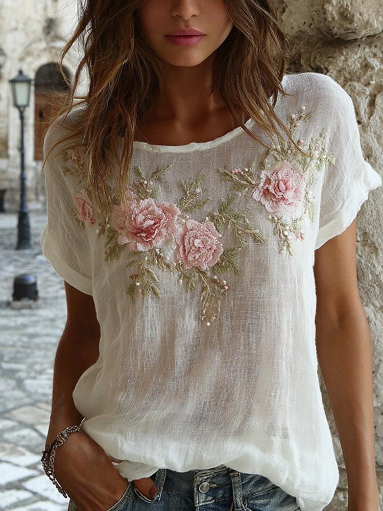 Women's Rose Floral Embroidered Casual Round-neck T-shirt