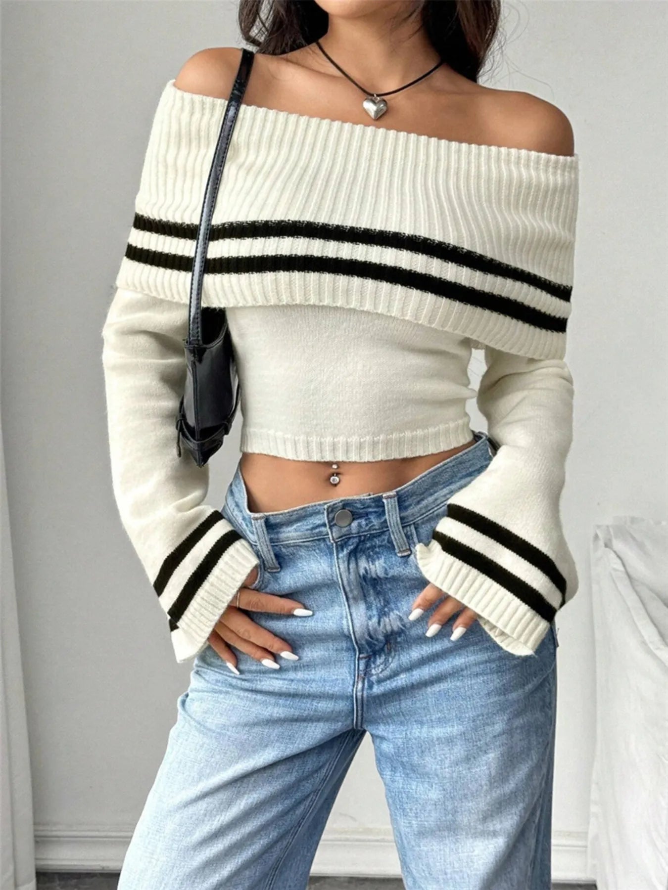 Ribbed Off-Shoulder Striped Knit Top