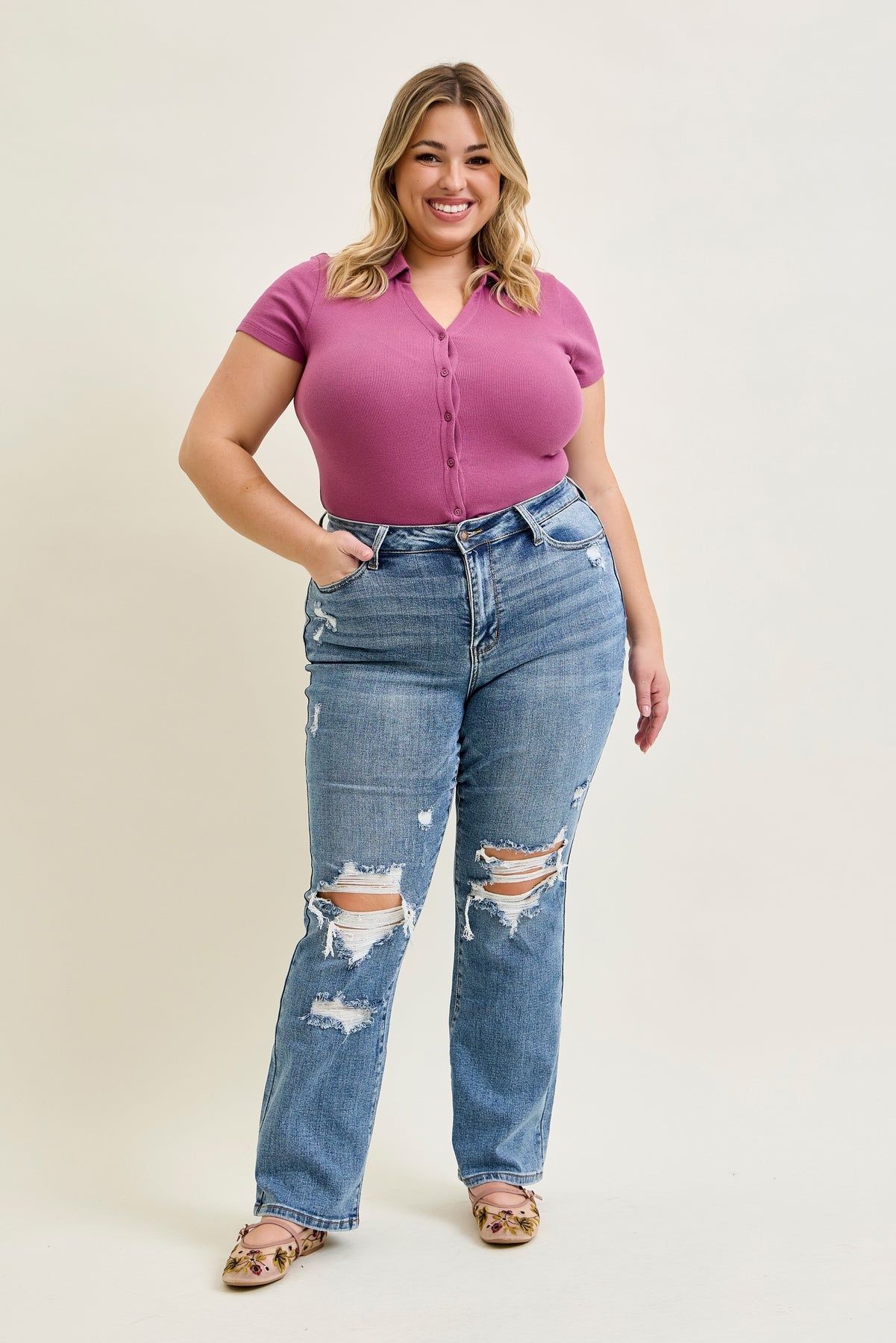 Daisy Stone Wash Ripped Bootcut Jeans - PLUS