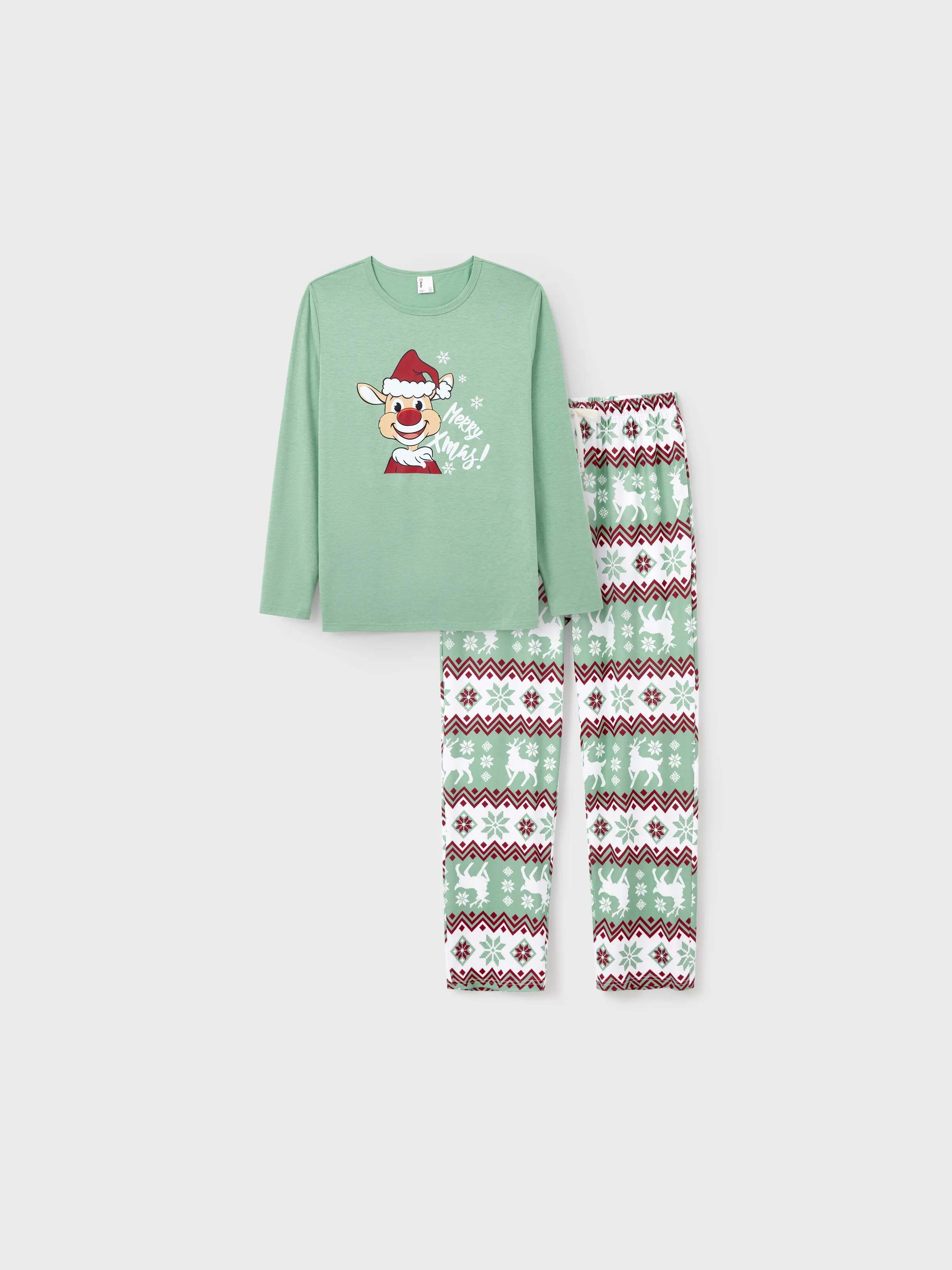 Christmas Matching Family Pajamas Set Christmas Spirit and Snowflake Print PJS with Christmas Socks Pale Green