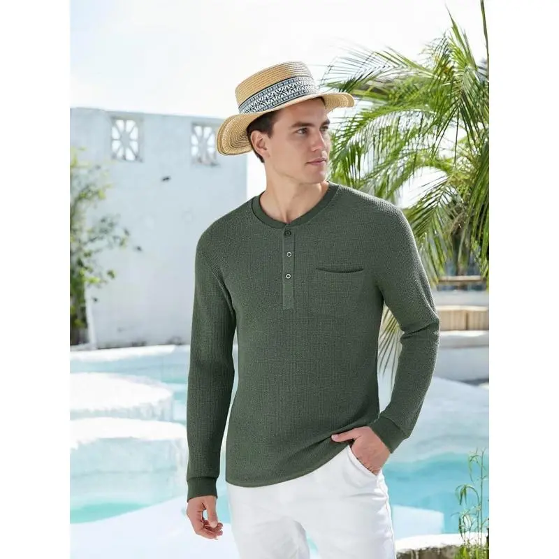Men's Waffle Henley Long Sleeve Pocket Tee