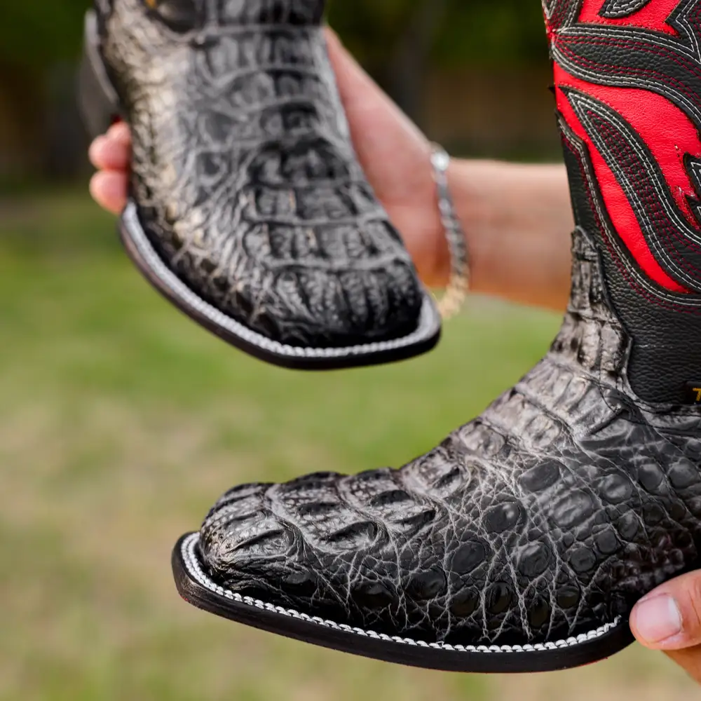 Midnight Grey Caiman Neck Leather Boots - Square Toe