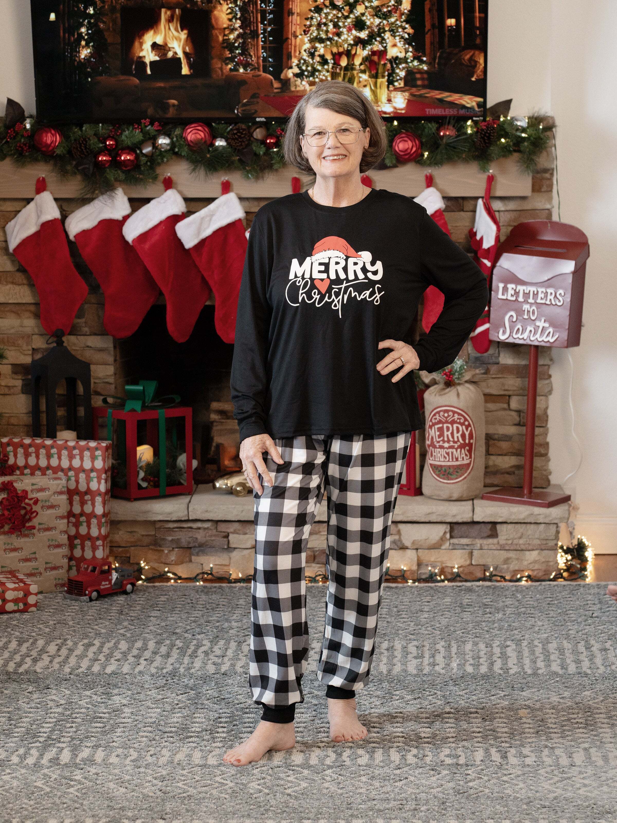 Christmas Family Matching Glow In The Dark Letters Print Long-sleeve Pajamas Sets with Christmas Socks Black+White