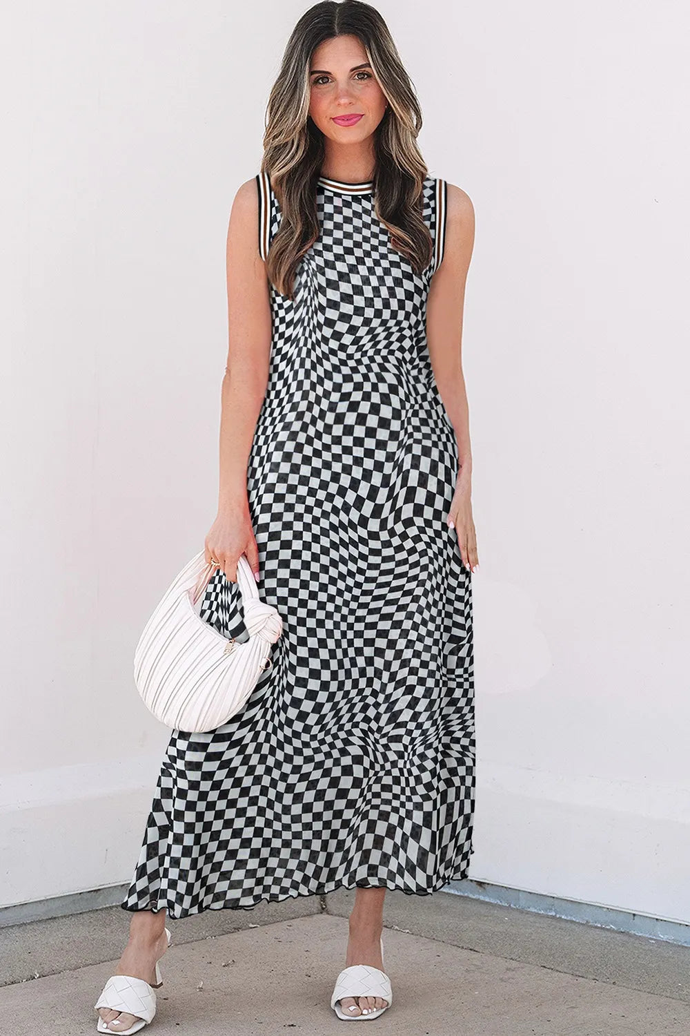 Checkered Round Neck Sleeveless Midi Dress
