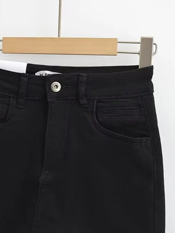 High-Waist Elastic Slim-Fit Distressed Edge A-Line Denim Mini Skirt