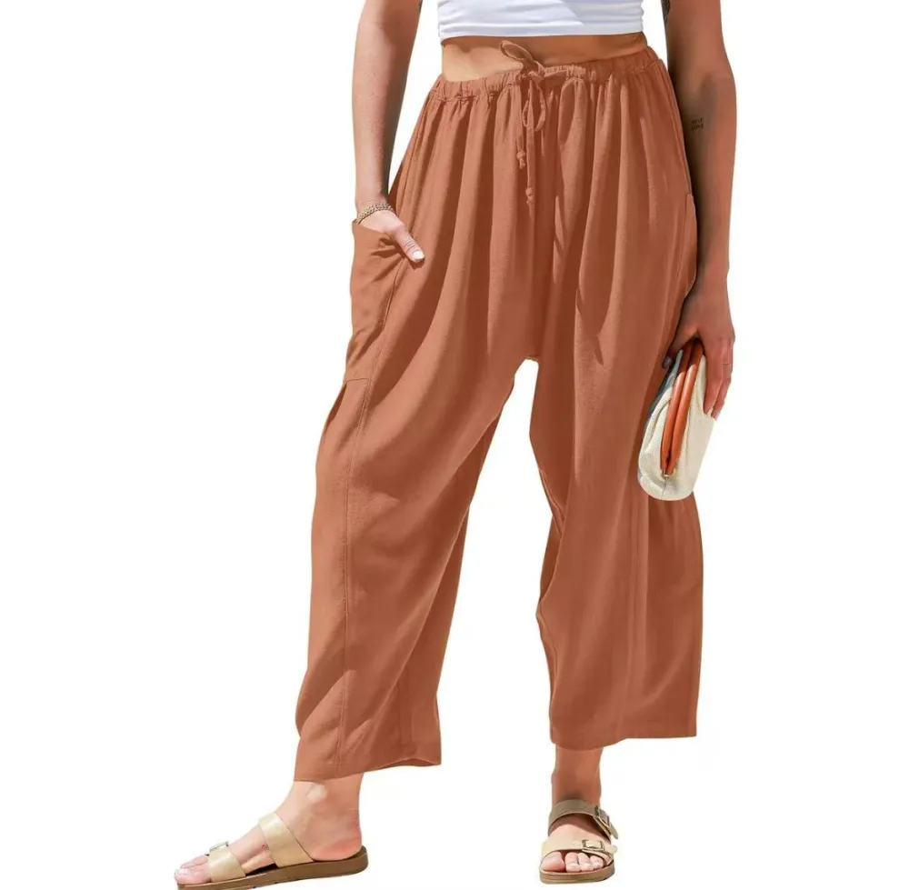 TARSE Women's Linen Wide Leg Pants – Casual Loose-Fit Palazzo Harem Pants with Pockets for Summer Beach Outfits