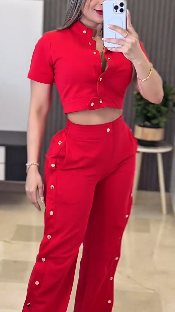 Women's Stand Collar Top + Side Button Trousers Casual Set