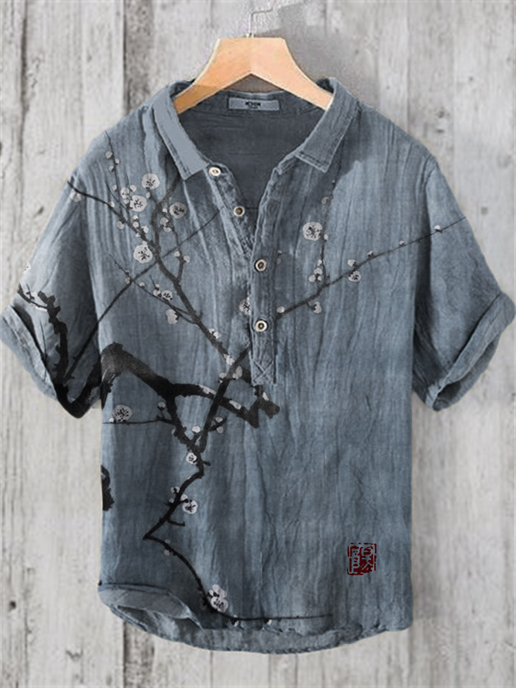 Plum Blossom Japanese Art Linen Blend Shirt