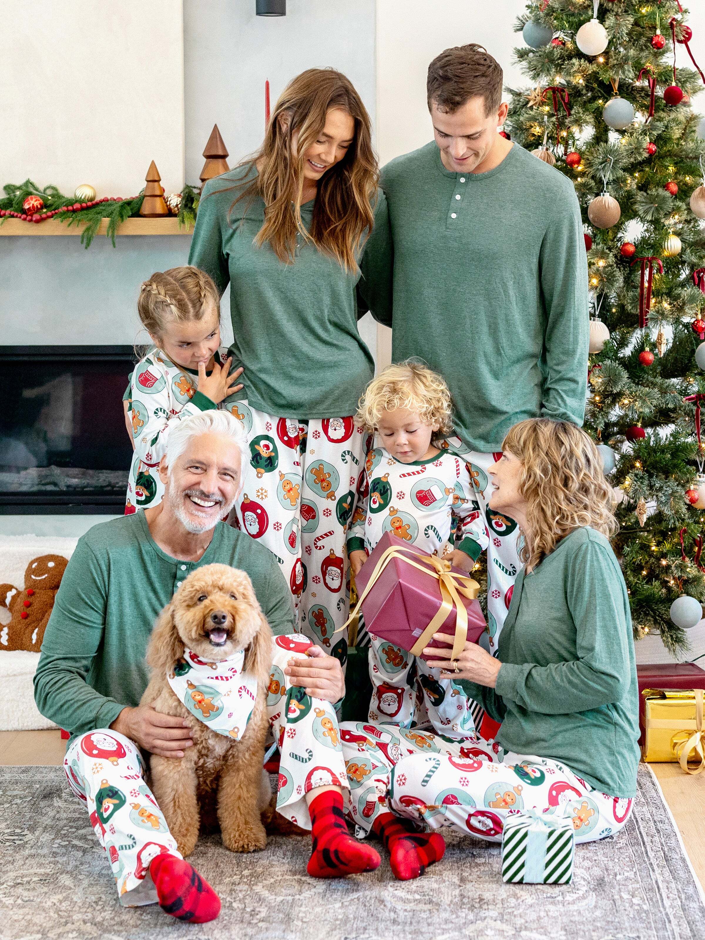 Christmas Matching Family Pajamas Set Reindeer and Santa Claus PJS with Christmas Socks Green