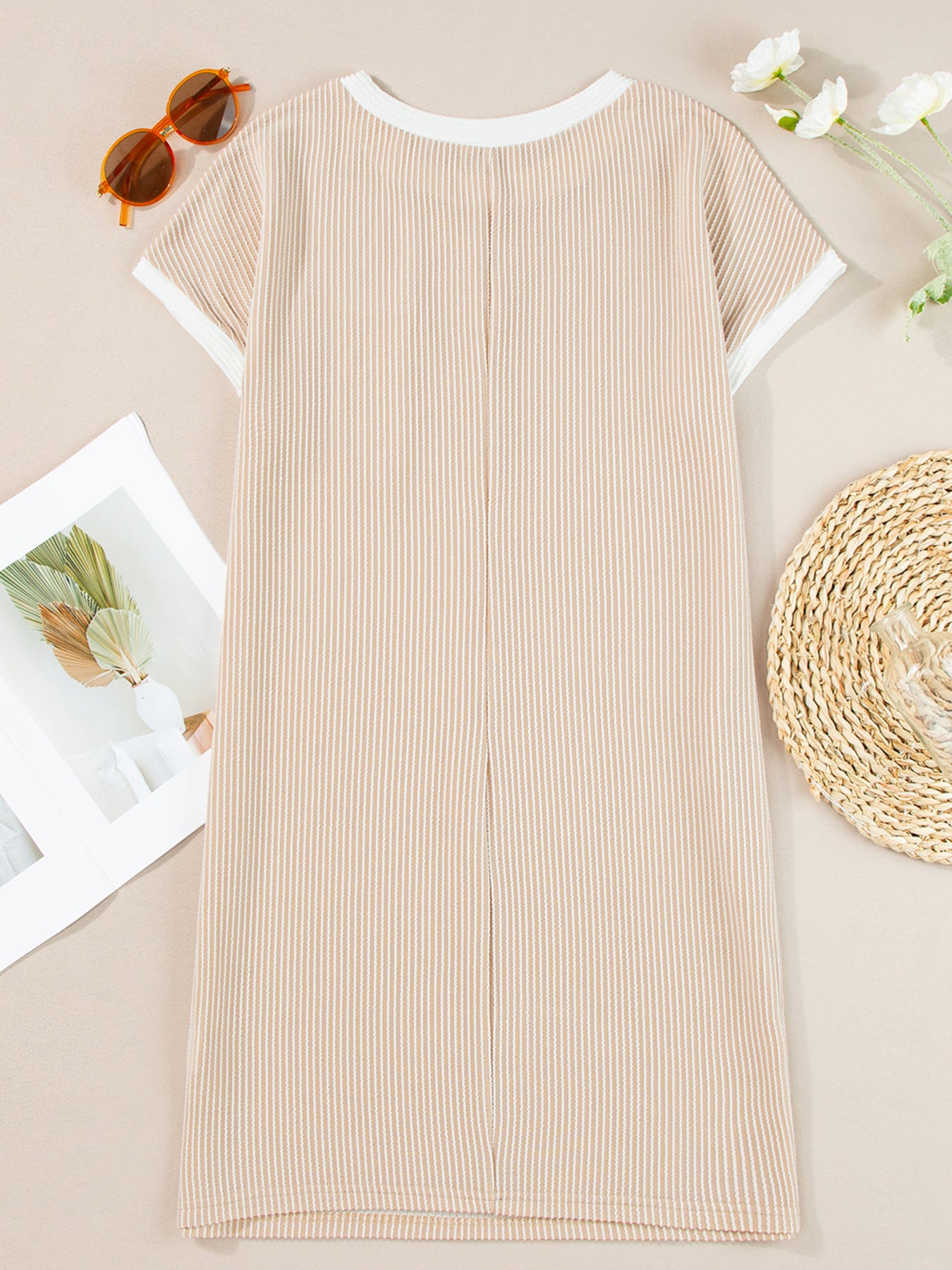 Twisted Ribbed Color Block Trim T Shirt Shift Dress