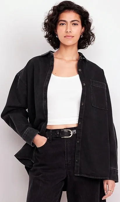 Boyfriend-style button-down denim shirt