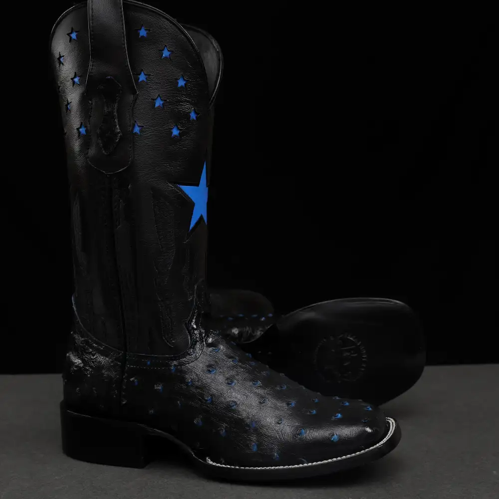 Black/Blue Ostrich Leather Boots - Square Toe