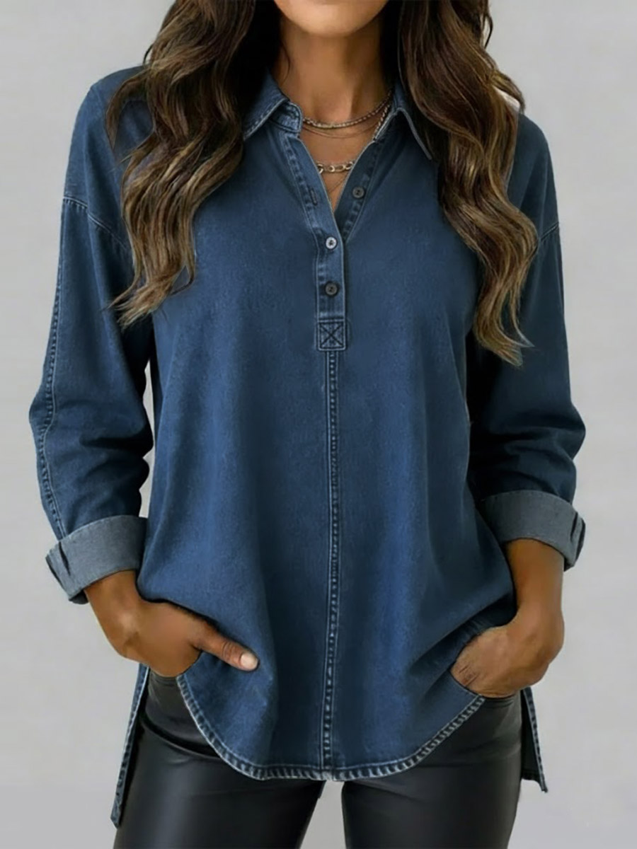 Women's Lapel Long-sleeved Loose-fitting Denim Shirt