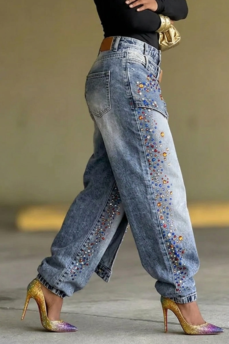 Women's Colored Gemstone Faux Two-Piece Loose Jeans