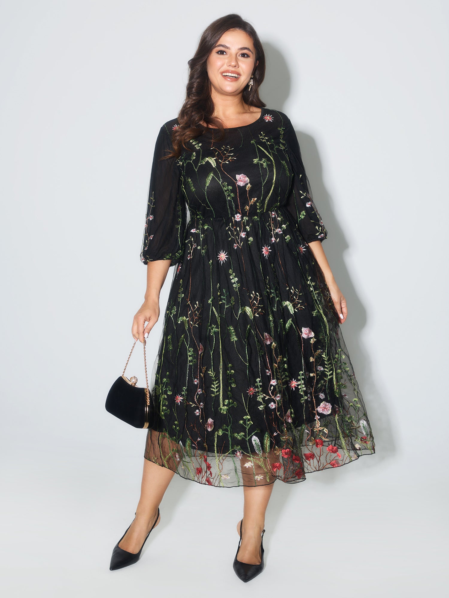 Floral Embroidered Elastic Waist Lined Midi Dress