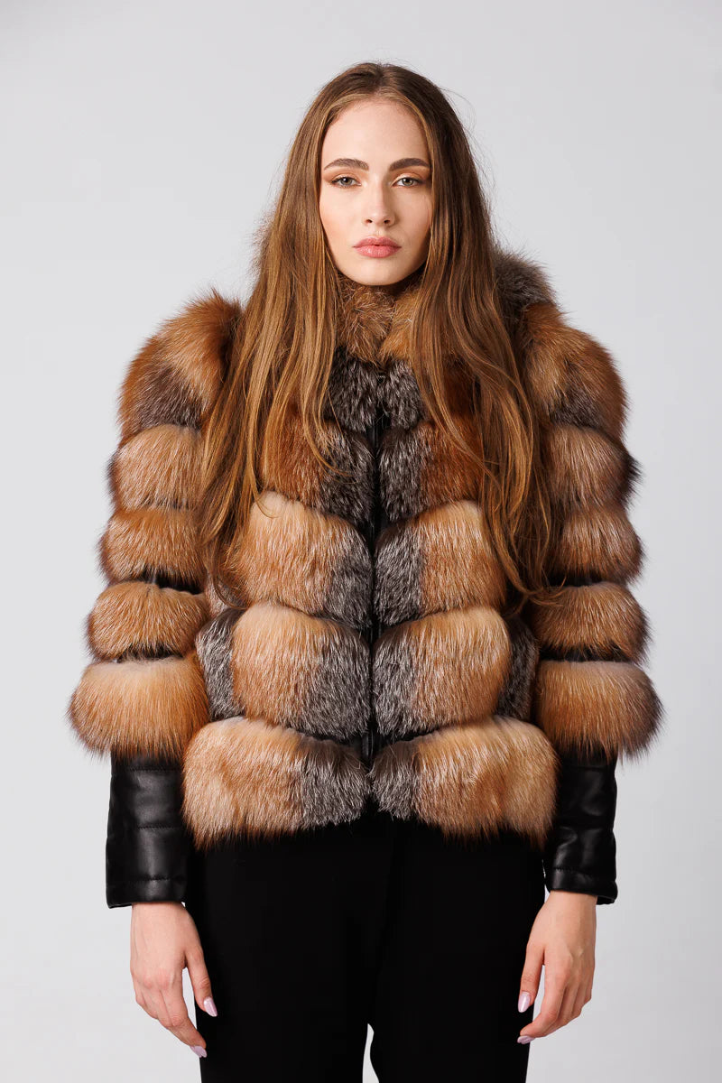 Haină din Blană Naturală de Vulpe, cu Glugă, Femei, Brown Frost 252