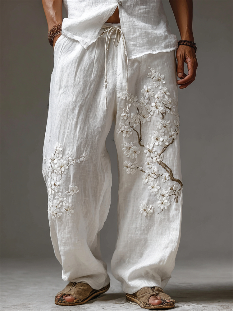 Men's Japanese Almond Blossom Flowy Linen Wide Leg Pants
