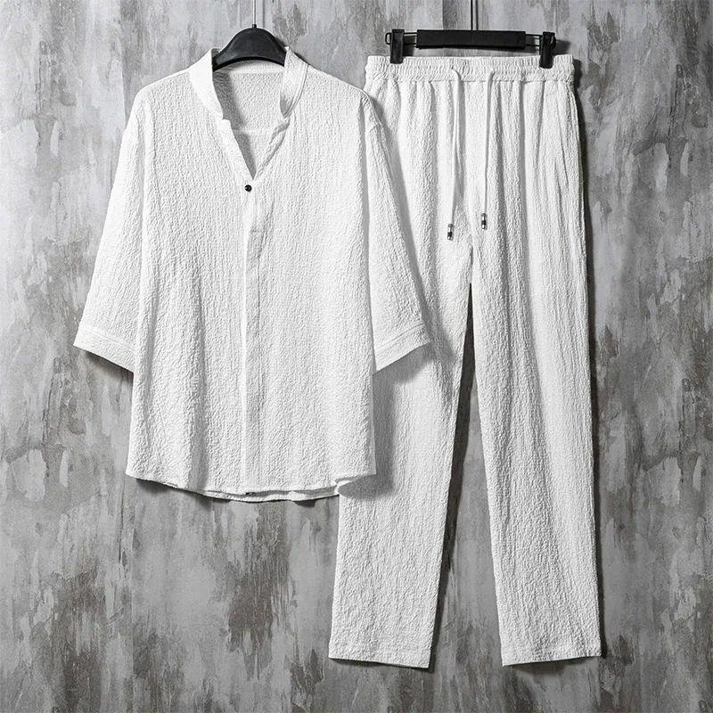 Vintage Linen Solid V-neck Half Sleeves Shirt And Pants Two-piece Set