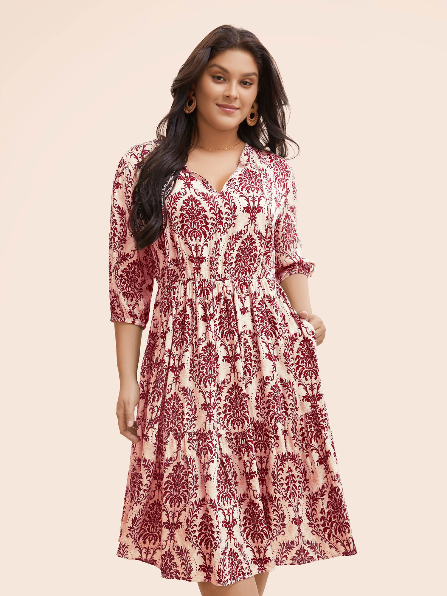 Damask Print Tie Knot Puff Sleeve Dress